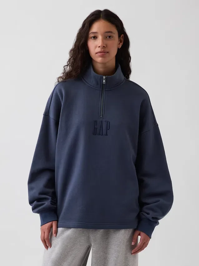 Ağır Dokulu Oversized Logo Çeyrek Fermuarlı Kazak