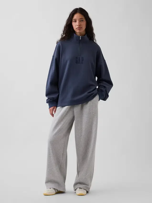 Ağır Dokulu Oversized Logo Çeyrek Fermuarlı Kazak