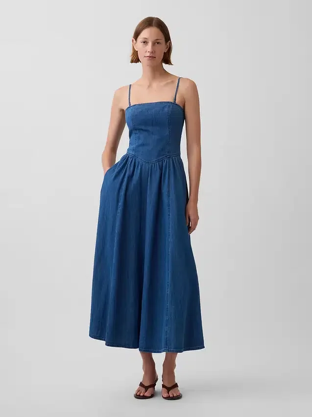 Askısız Denim Maxi Elbise