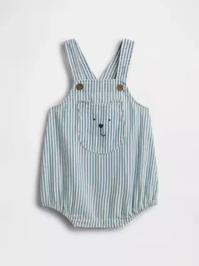 Bebek Denim Çizgili Ayı Cepli Balon Tulum