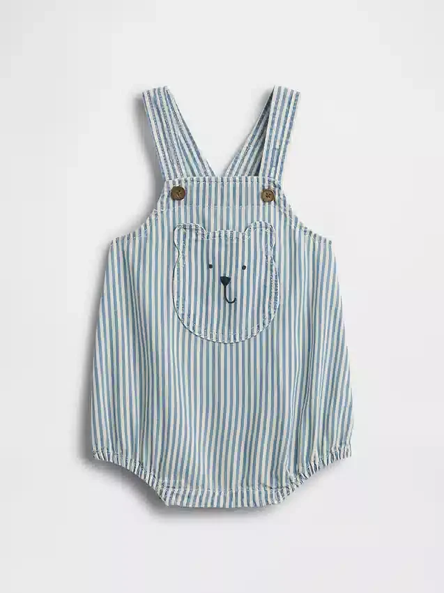 Bebek Denim Çizgili Ayı Cepli Balon Tulum