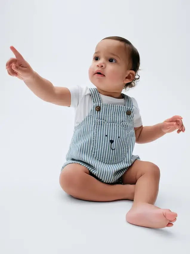 Bebek Denim Çizgili Ayı Cepli Balon Tulum