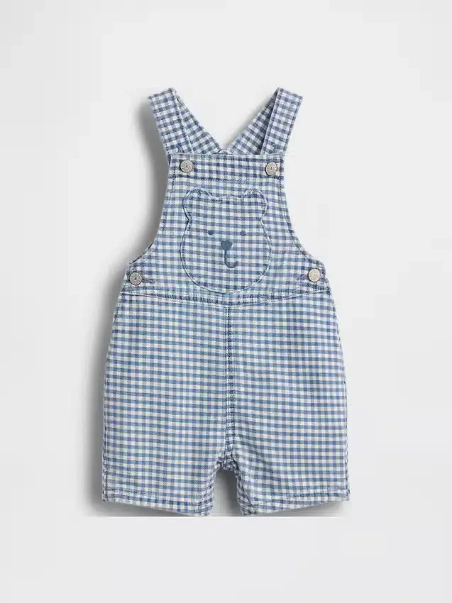Bebek Gingham Denim Ayı Cepli Tulum
