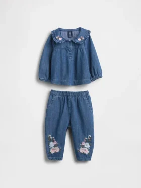 Bebek Çiçek Desenli Denim Kombin Seti