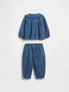 Bebek Çiçek Desenli Denim Kombin Seti