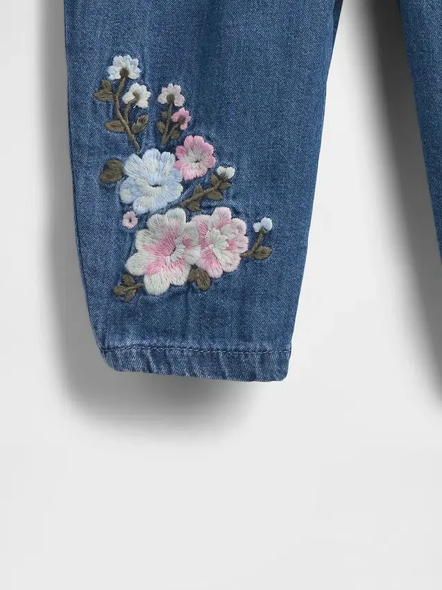 Bebek Çiçek Desenli Denim Kombin Seti