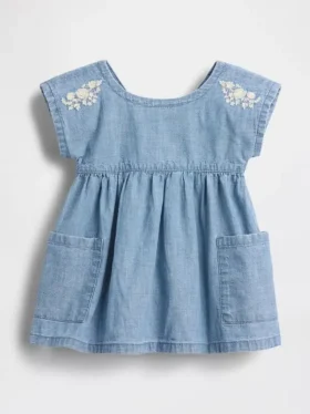 Bebek Nakışlı Denim Cepli Elbise