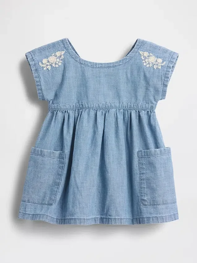 Bebek Nakışlı Denim Cepli Elbise