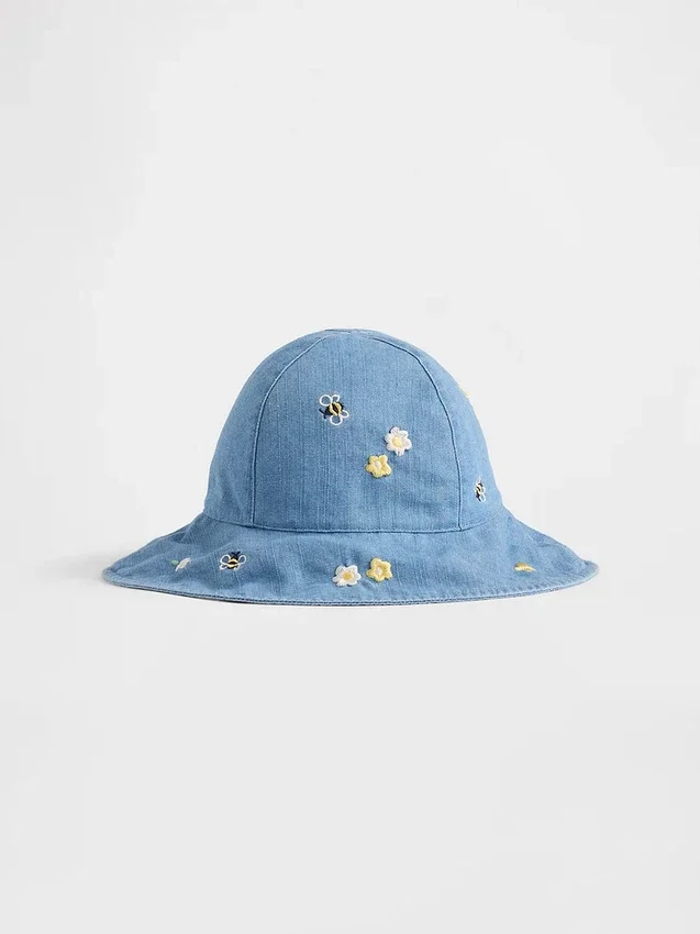 Bebek Nakışlı Denim Güneş Şapkası
