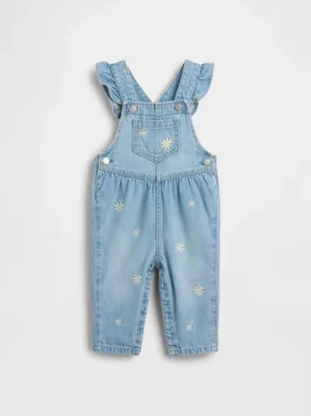 Bebek Nakışlı Çiçek Desenli Denim Tulum