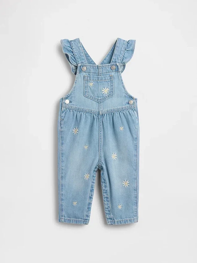 Bebek Nakışlı Çiçek Desenli Denim Tulum