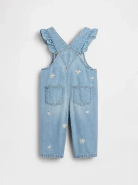 Bebek Nakışlı Çiçek Desenli Denim Tulum