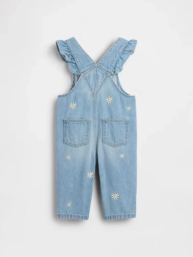Bebek Nakışlı Çiçek Desenli Denim Tulum