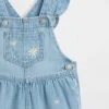 Bebek Nakışlı Çiçek Desenli Denim Tulum