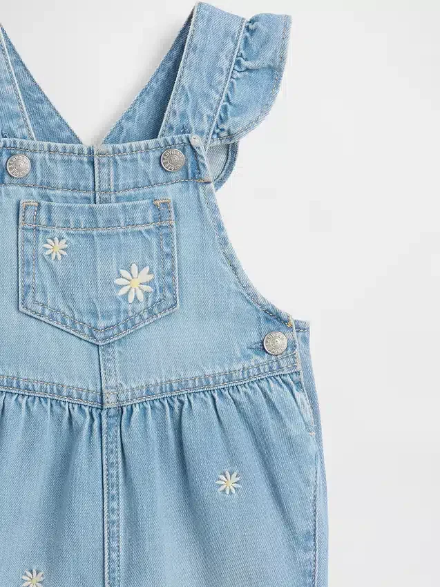 Bebek Nakışlı Çiçek Desenli Denim Tulum
