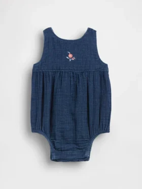 Bebek Pamuklu Gazlı Kumaş Denim Kabarık Çıtçıtlı Body