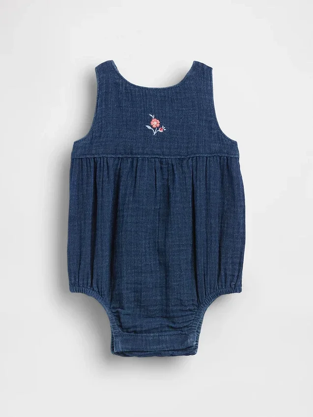 Bebek Pamuklu Gazlı Kumaş Denim Kabarık Çıtçıtlı Body
