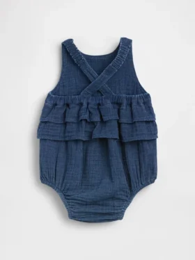 Bebek Pamuklu Gazlı Kumaş Denim Kabarık Çıtçıtlı Body