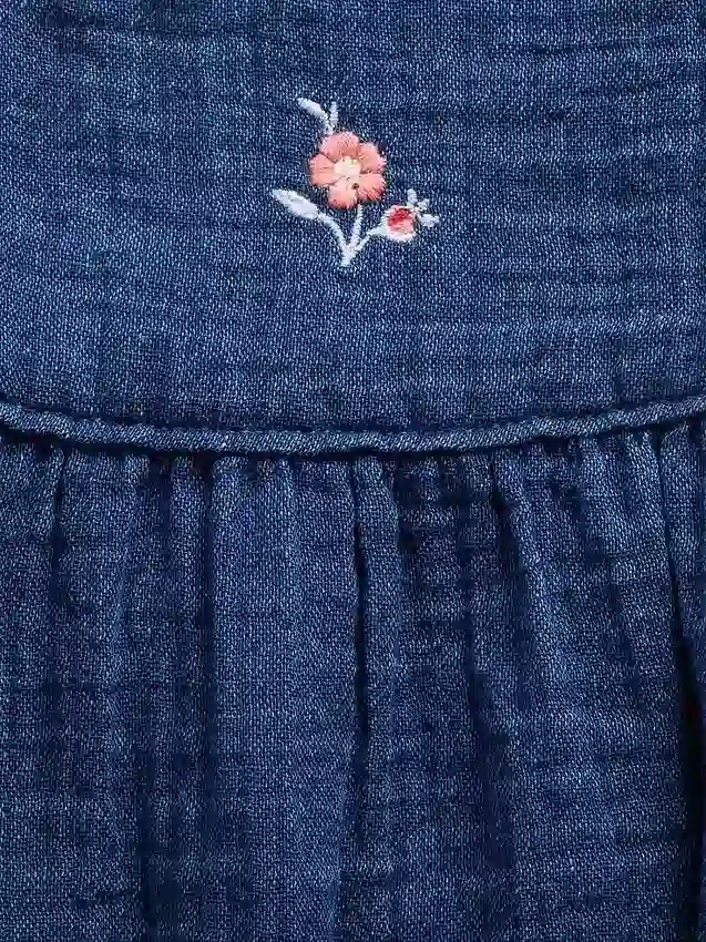 Bebek Pamuklu Gazlı Kumaş Denim Kabarık Çıtçıtlı Body