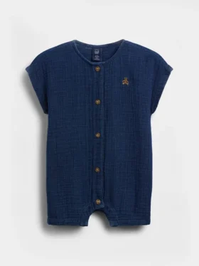 Bebek Pamuklu Gazlı Kumaş Denim Kısa Tulum