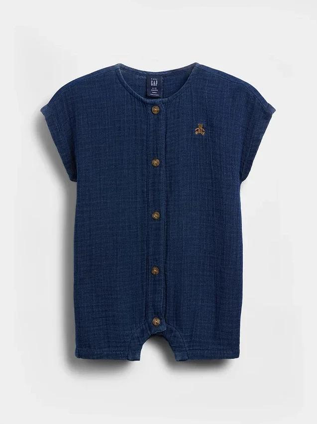 Bebek Pamuklu Gazlı Kumaş Denim Kısa Tulum