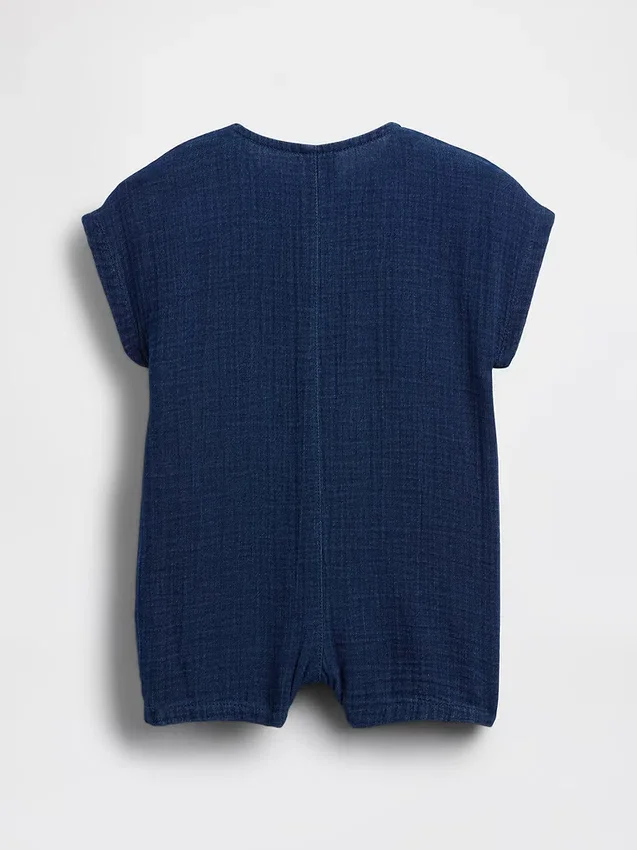 Bebek Pamuklu Gazlı Kumaş Denim Kısa Tulum