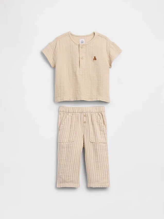 Bebek Pamuklu Gazlı Kumaş Henley Kıyafet Seti