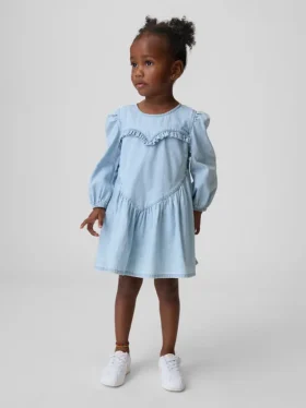 Bebek & Yürümeye Başlayan Çocuk Denim Fırfırlı Kalp Elbise
