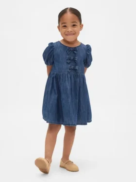 Bebek & Yürümeye Başlayan Çocuk Denim Kabarık Kollu Fiyonklu Elbise