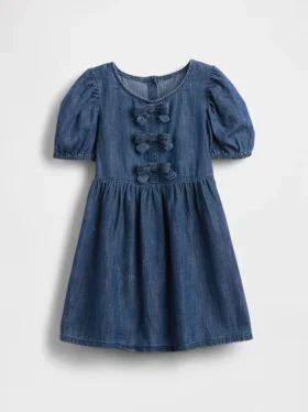 Bebek & Yürümeye Başlayan Çocuk Denim Kabarık Kollu Fiyonklu Elbise