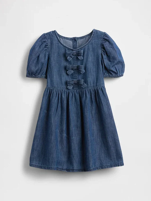 Bebek & Yürümeye Başlayan Çocuk Denim Kabarık Kollu Fiyonklu Elbise