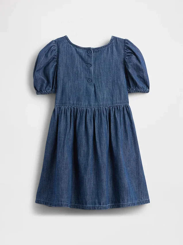 Bebek & Yürümeye Başlayan Çocuk Denim Kabarık Kollu Fiyonklu Elbise