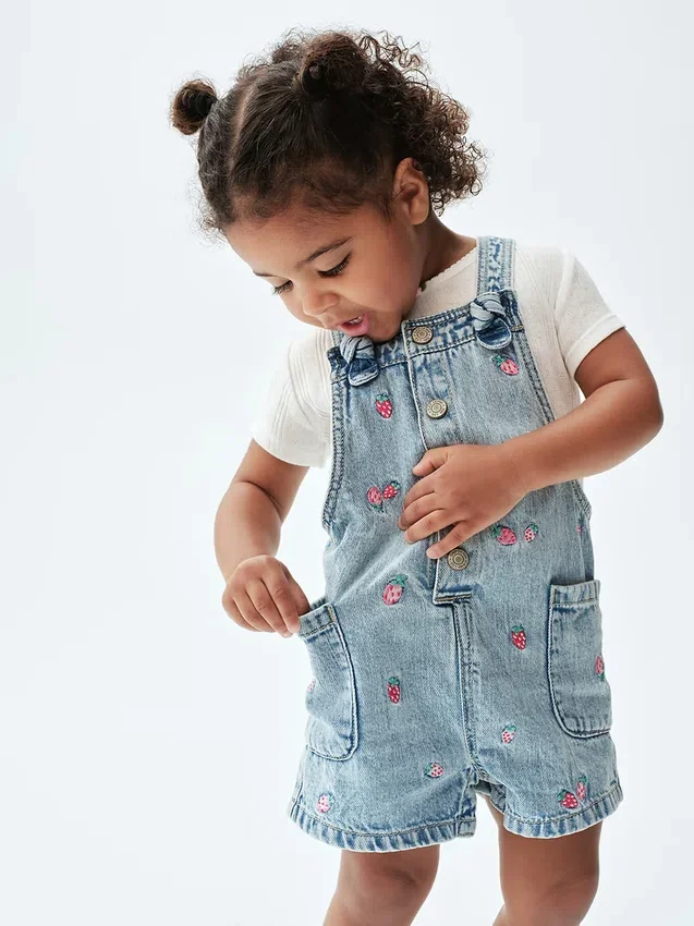 Bebek & Yürümeye Başlayan Çocuk İçin Nakışlı Denim Şortlu Tulum
