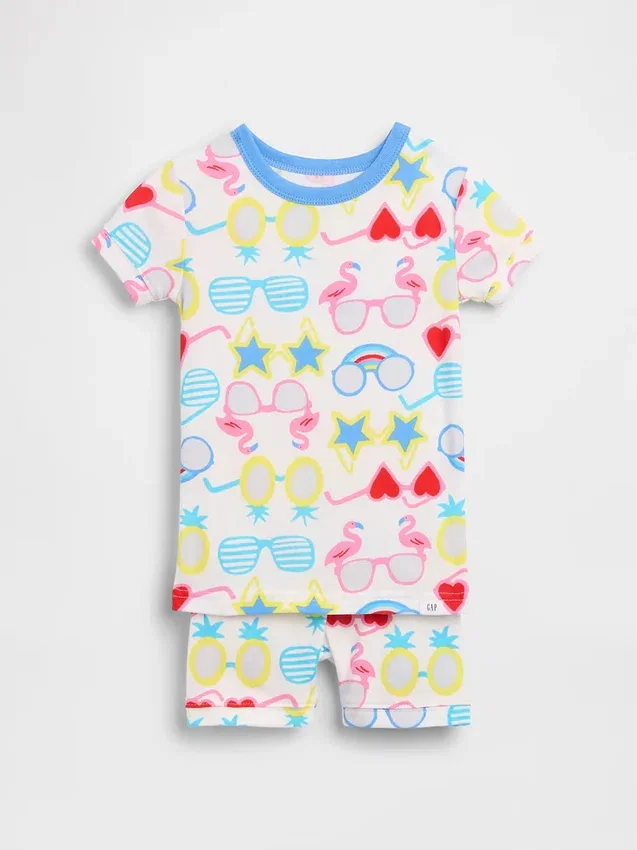Bebek & Yürümeye Başlayan Çocuk İçin Organik Fırçalanmış Pamuklu Güneş Gözlüğü Desenli Pijama Şort Seti