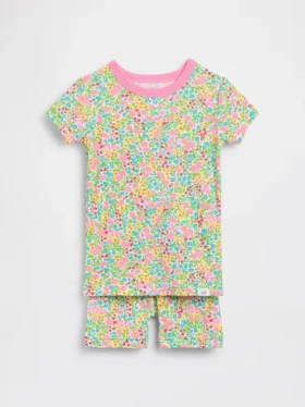 Bebek & Yürümeye Başlayan Çocuk İçin Organik Fırçalanmış Pamuklu Çiçek Desenli Pijama Şort Seti