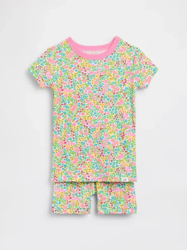 Bebek & Yürümeye Başlayan Çocuk İçin Organik Fırçalanmış Pamuklu Çiçek Desenli Pijama Şort Seti