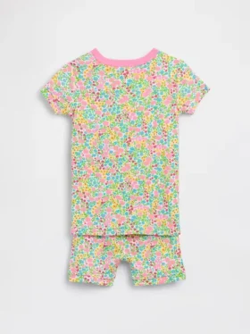 Bebek & Yürümeye Başlayan Çocuk İçin Organik Fırçalanmış Pamuklu Çiçek Desenli Pijama Şort Seti