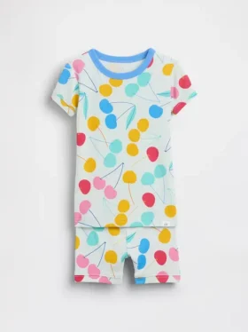 Bebek & Yürümeye Başlayan Çocuk İçin Organik Fırçalanmış Pamuklu Kiraz Desenli Pijama Şort Seti