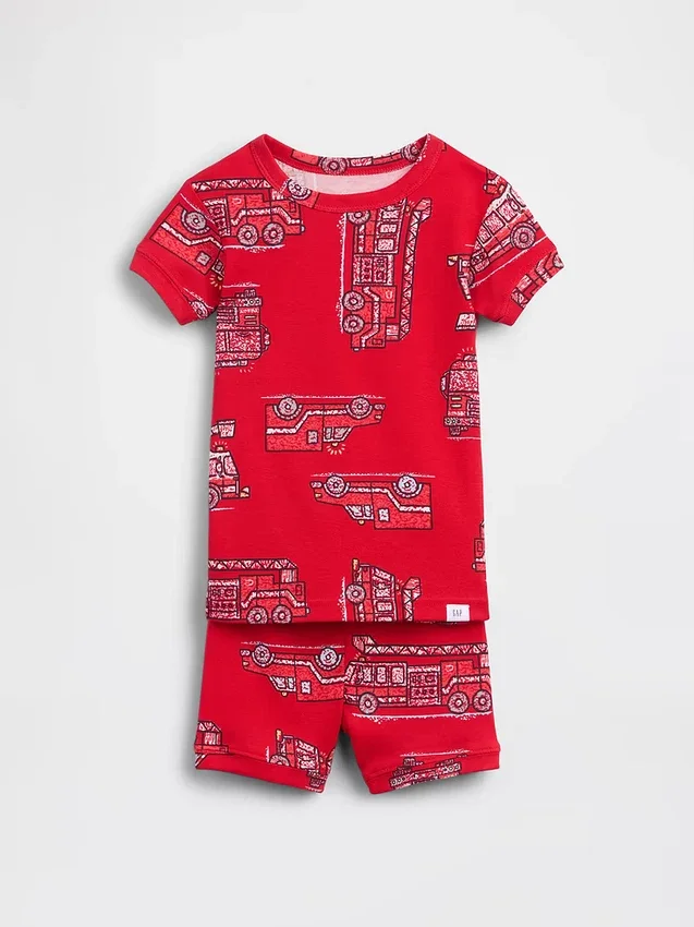 Bebek & Yürümeye Başlayan Çocuk İçin Organik Fırçalanmış Pamuklu İtfaiye Aracı Pijama Şort Seti