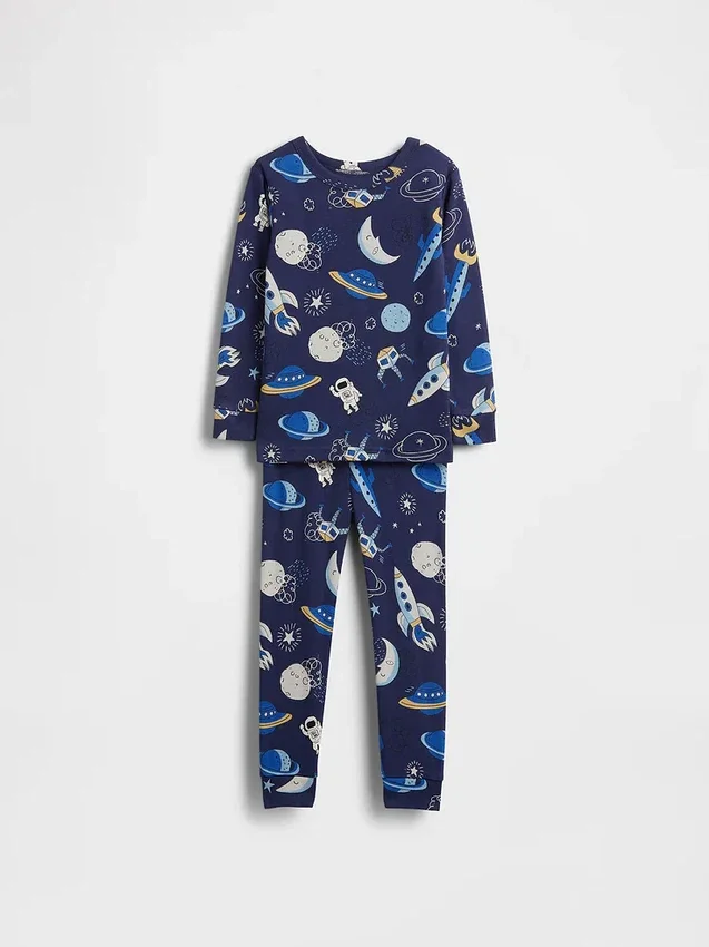 Bebek & Yürümeye Başlayan Çocuk İçin Organik Fırçalanmış Pamuklu Uzay Pijama Seti