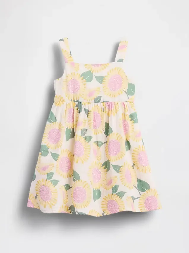 Bebek & Yürümeye Başlayan Çocuk Pamuklu Gazlı Bez Ayçiçeği Elbisesi