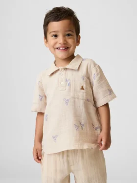 Bebek & Yürümeye Başlayan Çocuk Pamuklu Gazlı Kumaş Desenli Polo Tişört