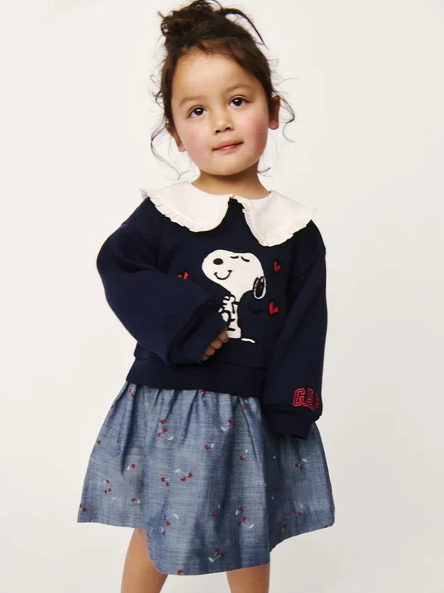 Bebek & Yürümeye Başlayan Çocuk Snoopy Fırfırlı Yakalı Sweatshirt Elbise