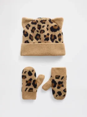Bebek & Yürümeye Başlayan Çocuklar İçin CashSoft Leopar Desenli Bere ve Eldiven Seti