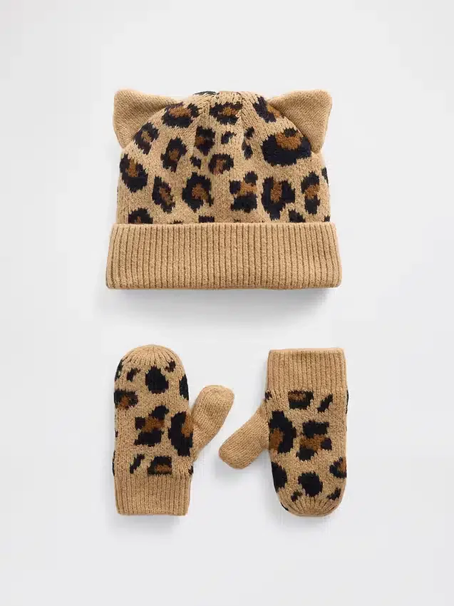 Bebek & Yürümeye Başlayan Çocuklar İçin CashSoft Leopar Desenli Bere ve Eldiven Seti
