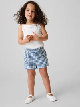 Bebek & Yürümeye Başlayan Çocuklar İçin Denizci Desenli Gingham Denim Çekip Giyilebilen Şortlar