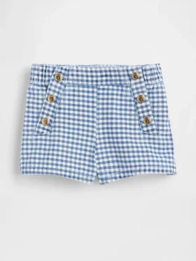 Bebek & Yürümeye Başlayan Çocuklar İçin Denizci Desenli Gingham Denim Çekip Giyilebilen Şortlar
