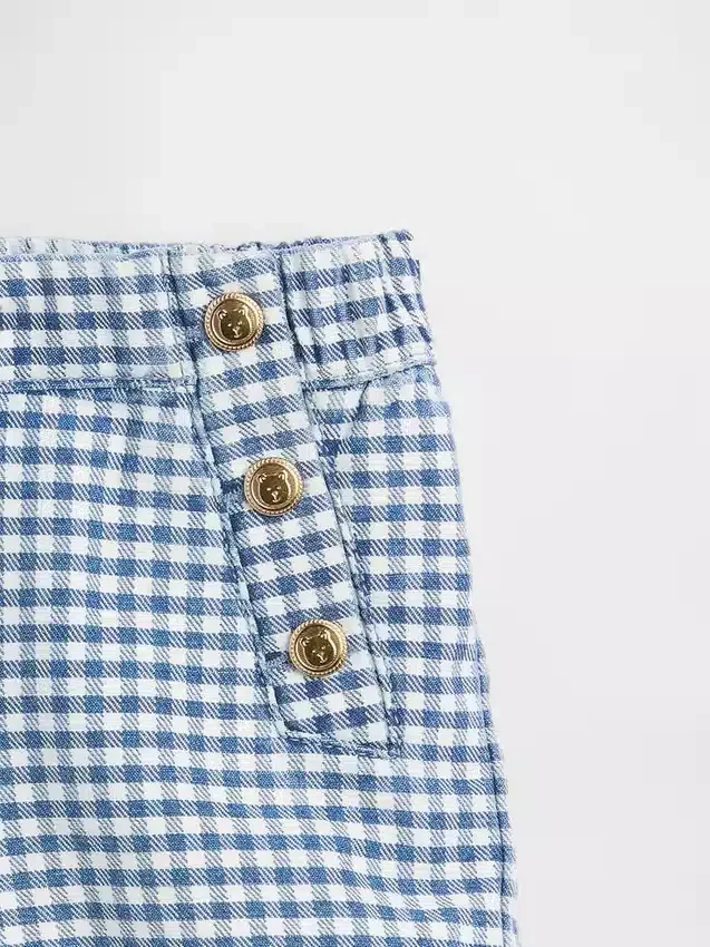 Bebek & Yürümeye Başlayan Çocuklar İçin Denizci Desenli Gingham Denim Çekip Giyilebilen Şortlar