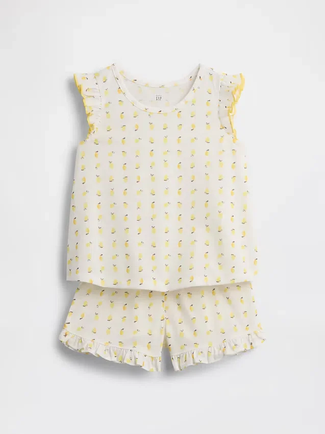 Bebek & Yürümeye Başlayan Çocuklar İçin Geri Dönüştürülmüş Fırfırlı Meyve Desenli Pijama Şort Seti