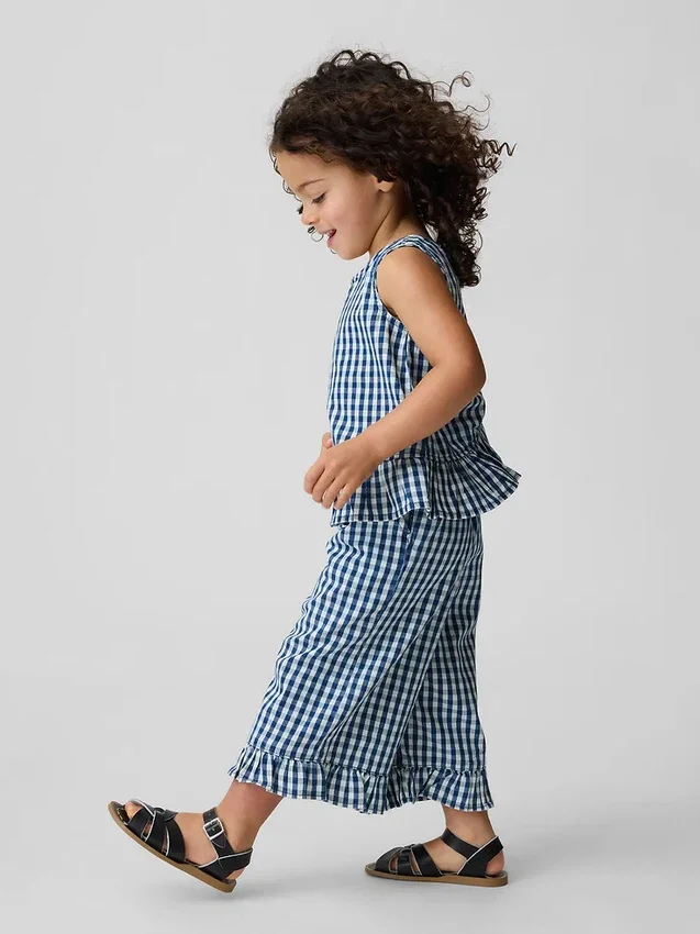 Bebek & Yürümeye Başlayan Çocuklar İçin Gingham Desenli Denim Fırfırlı Etek Uçlu Kombin Seti